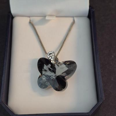 Vintage Black Crystal Butterfly Pendant on 23" Spring Ring Clasp Chain