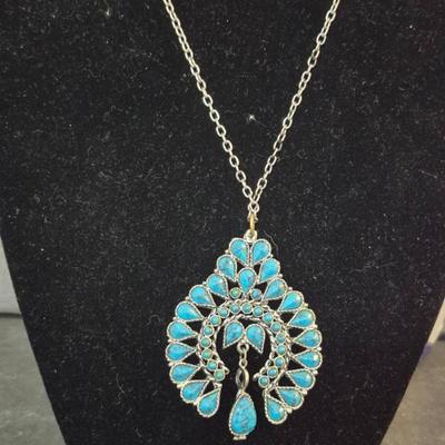 Vintage Beautiful Native American Turquoise Pendant on 24" Spring Ring Clasp Chain