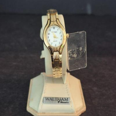 Vintage Waltham Classics Gold Tone Ladies' Watch #PC212A2-377 on Stand with Owner's Manual