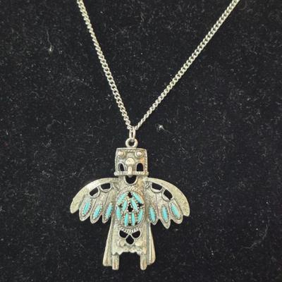 Vintage Native American Turquoise Thunderbird Pendant on 24" Spring Ring Clasp Chain
