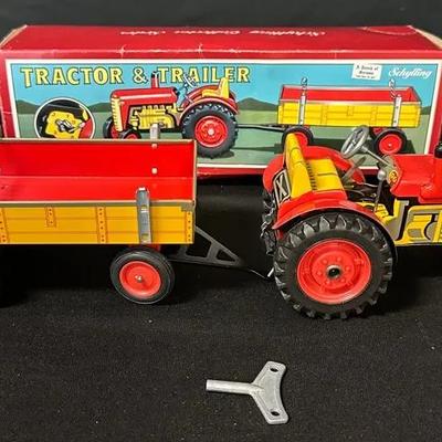 Vintage Schylling Tractor And Trailer Wind-Up Tin Toy 