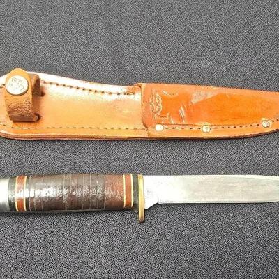 Vintage WESTERN BOY SCOUTS BE PREPARED Knife/Leather Sheath W/Belt Loop, Made In BOULDER, CO U.S.A. 