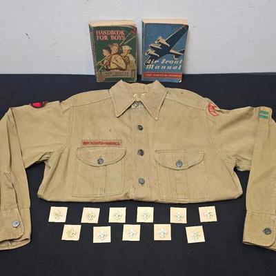 1940's BOY SCOUTS OF AMERICA Uniform Shirt, Books, (11)Emblem/(3)1st Class Pins, Neckerchief Slide