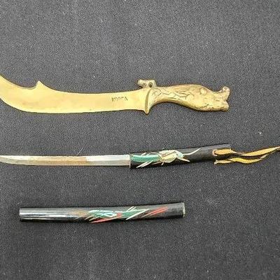 Vintage Collectible Letter Openers: Brass Fish Head Handle & Japanese Samurai Sword With Sheath