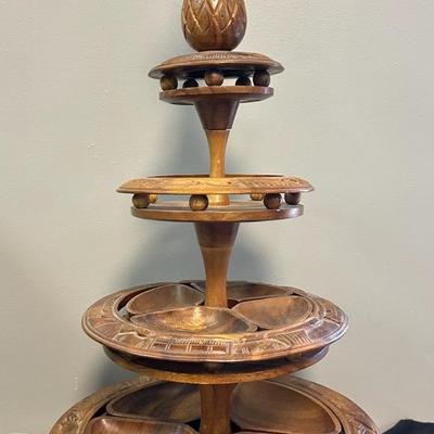 Vintage Wooden Three Tiered Monkey Pod Lazy Susan