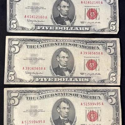 Set Of 3 Red Seal 1963 $5 Bills #1