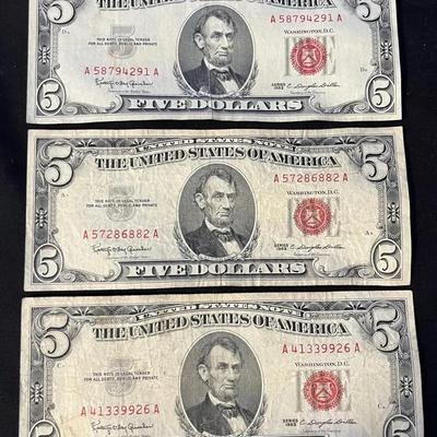 Set Of 3 Red Seal 1963 $5 Bills 