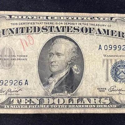 Miscut Series 1953 Blue Seal 10 Dollar Bill