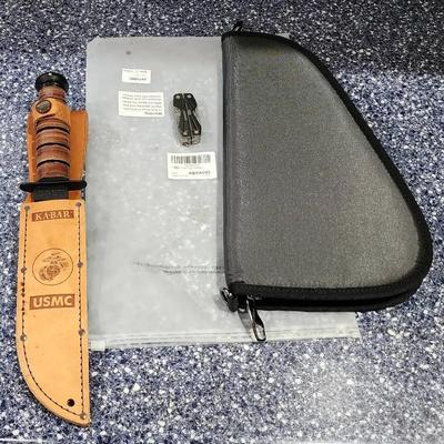 Pistol Rug, USMC Ka-Bar Knife And Leather Holster, Gerber Utility Pocket Knife