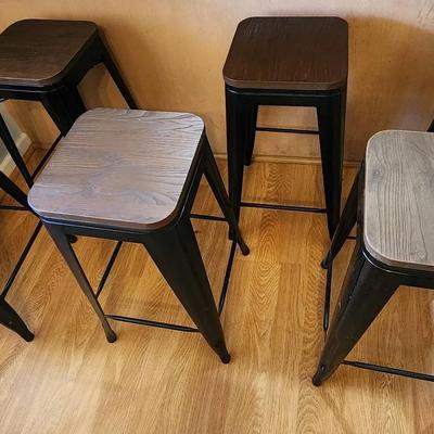 Six Rustic Metal And Pressed Wood Kitchen Stools