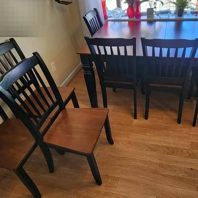 Dining Room Table And 8 Chairs - Dark Walnut Colored Top W/ Black Wooden Base