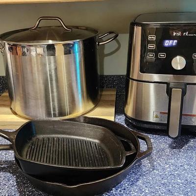 Instant Pot Air Fryer, Iron Skillets, Stock Pot And Cutting Board