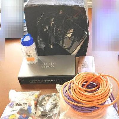 Cisco 10-Port Gigabit Managed Switch, Portable Power Bank, Many Computer Cables, & Other Accessories