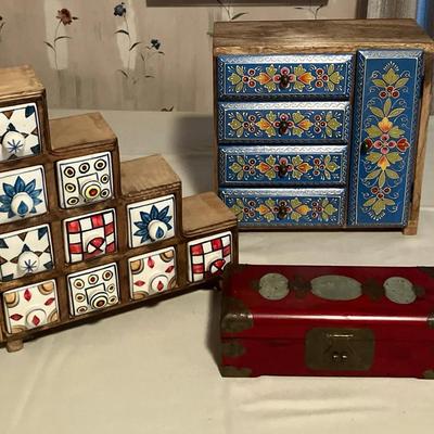 Mahogany and Hand Painted Jewelry Boxes and Handcrafted Wooden Trinket Box with Ceramic Drawers