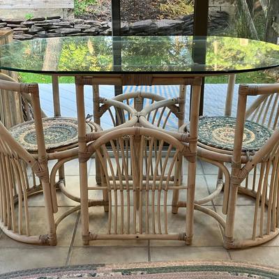 Rattan Glass Top Bistro Table and 2 Chairs 