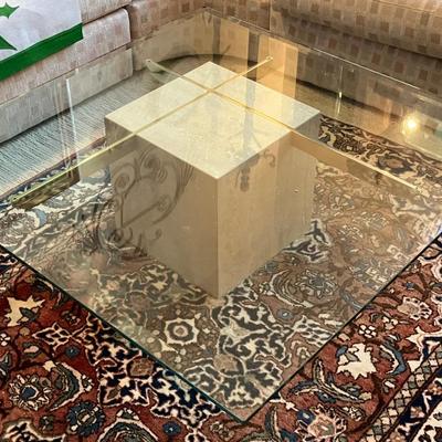 Vintage (1970s?) Artedi Glass Top Travertine and Brass Base Coffee Table 