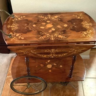 Vintage Italian Marquetry Inlaid Wood And Brass Drop-leaf Bar/ Tea Cart