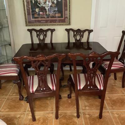 Vintage Cherry Wood Dining Table With Six Carved Chairs