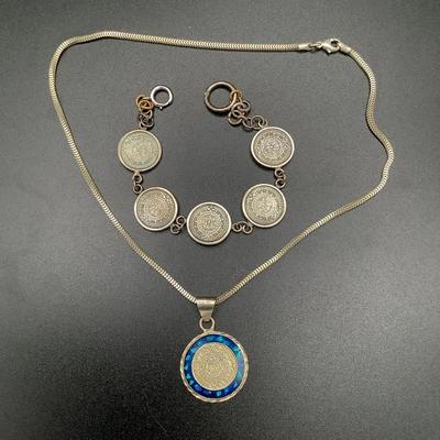 Sterling Silver Aztec Calendar Necklace And Bracelet