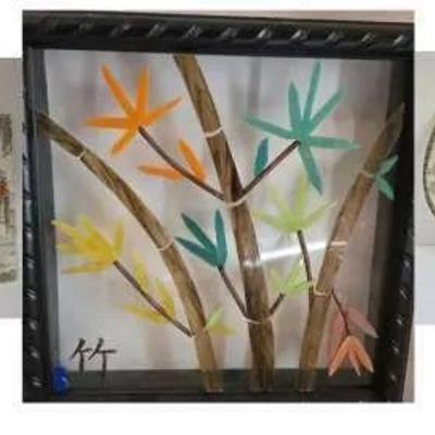 3D Glass Bamboo Shadowbox, Hand Painted Silk Fan & Ladies Luncheon Tile