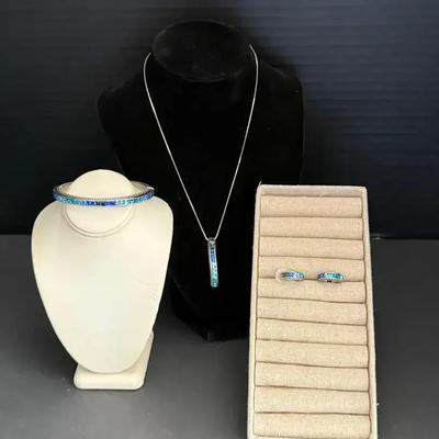 3 Piece Silver Tone And Blues Stone Set