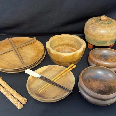 Assortment of Wooden Plates, Bowls, Chop Sticks