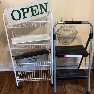 Stepladder, Rolling Cart, Sign, Tin Planter, Vegetable Basket