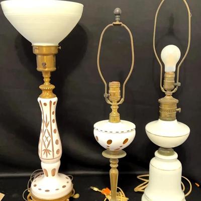 3 Bohemian Czech White Cut to Brass Lamps