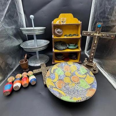 Assorted Handmade Items & Galvanized Tier Stand