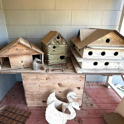 Assorted Bird Houses (3), Railroad Spikes & Metal Ornaments, Wooden Swan, Wooden Box With Top