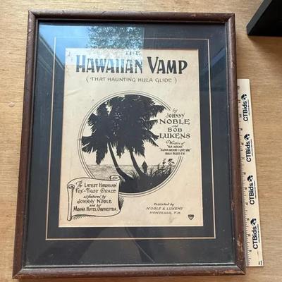 Framed Cover of sheet music "The Hawaiian Vamp" and a piece of abstract framed art