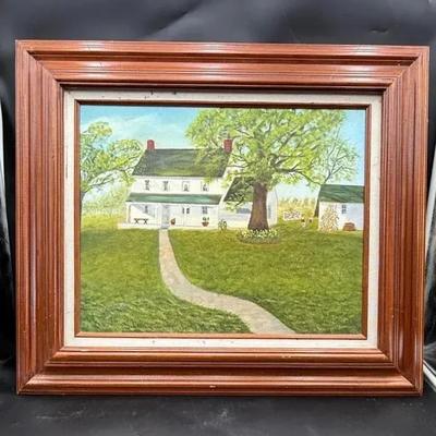 Hand Painted Farmhouse Scene With Quilt On Laundry Line, Custom Framed