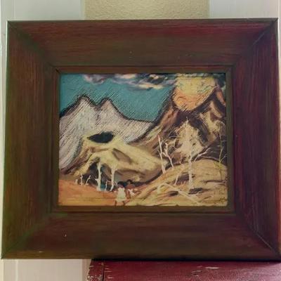 Framed Painting Native Women In Front Of Mountains
