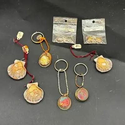 Handmade Earrings (2), Epoxy Key Chains (3) & shell Ornaments (3)