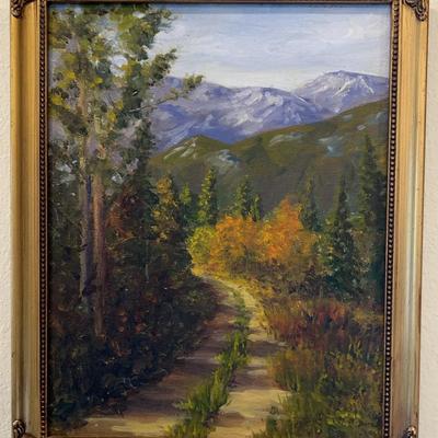 Framed Oil Painting of Mountain Scenery with Winding Road