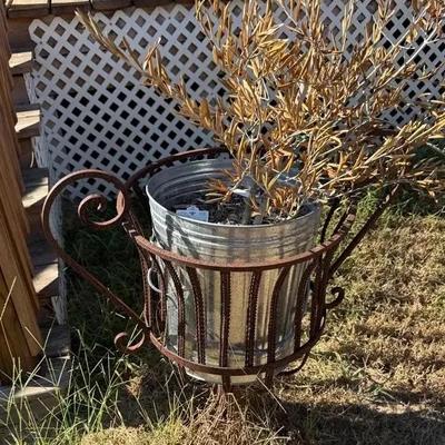 Rustic Metal Plant Stand (2) With Galvanized Planters (2)