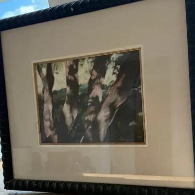 Framed art depicting shadowy trees