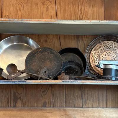 Lot Of Cast Iron Skillets & Spoons, SS Pan, Iron Coke Bottle Opener, Parrot Door Knocker