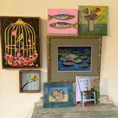 Assortment Of 7 Hand Painted And Framed Print Art