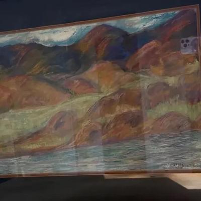 Framed Landscape Chalk Art Of Mountains & River
