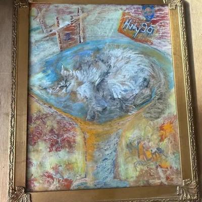 Framed Art Of Cat In Bird Bath