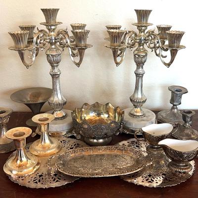 Vintage Silver Plated And Silver Tones Candlesticks, Bowls, Trivets, Tray, Sugar/creamer