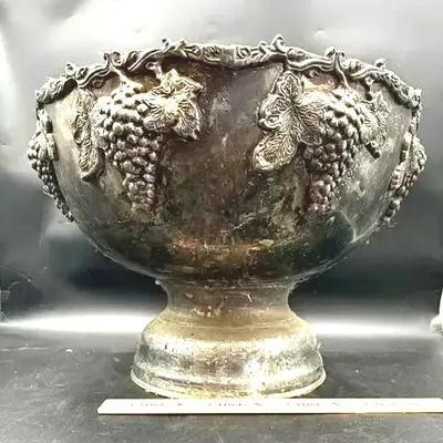 Silver Toned Punch Bowl With Grapes Motif