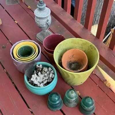 Assorted Ceramic & Terra Cotta Pots (12), Insulators (3), Oil Lamp