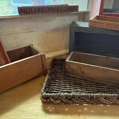 Wood Trays (7) & Woven Tray