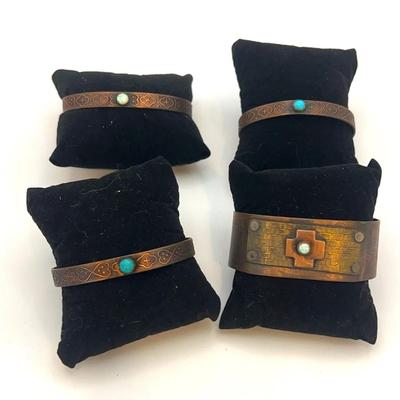 Copper, Turquoise And Stone Cuff Bracelets