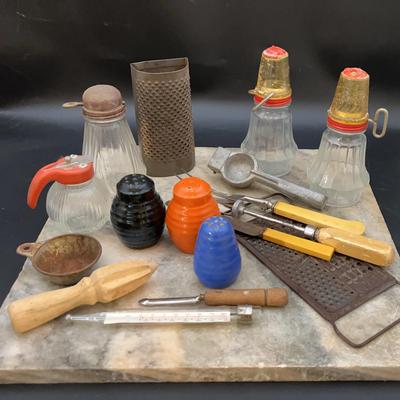 Vintage Shakers, Graters, Juicers, Choppers with Marble Cutting Board Slab