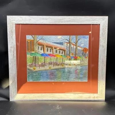 Framed Original Watercolor Riverwalk Scene