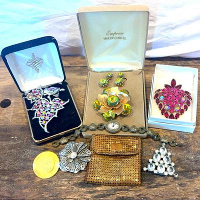 Vintage Brooches, Pocket Purse, Watch
