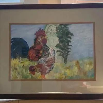 Framed Painting Of Rooster & Chicken Scene